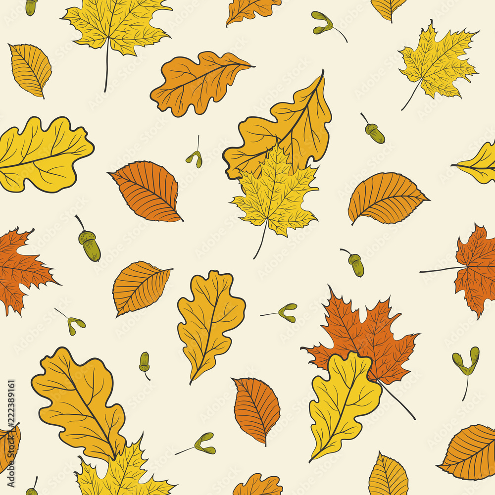 Seamless floral pattern with autumn leaves scattered random in yellow and red colors