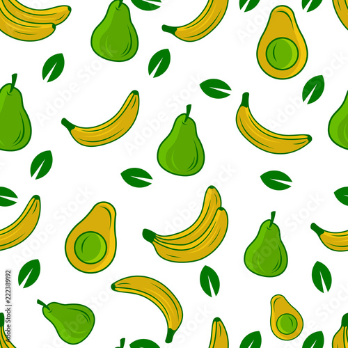 avocado, pears and banana fruit seamless pattern vector illustration