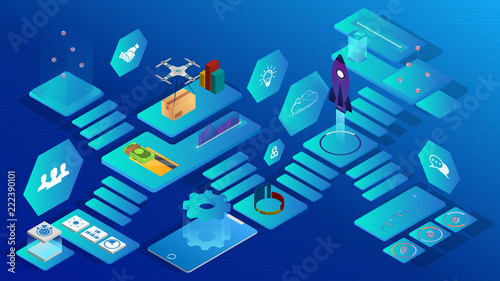 Wallpaper Mural Isometric virtual office: mobile devices, business management, online communication and finance concept Torontodigital.ca