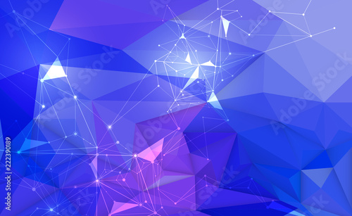 Vector 3D Illustration Geometric, Polygon, Line,Triangle pattern shape with molecule structure. Polygonal with blue purple background. Abstract science, futuristic, network connection concept