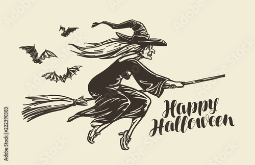 Halloween, greeting card. Old witch flies on broomstick. Vintage sketch vector illustration