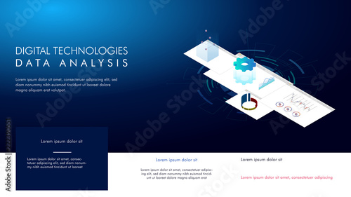 Digital Technologies. Data Analysis. Isometric digital concept of business data and analytics. Startup concept. Launch a new product on a market. Isometric vector illustration