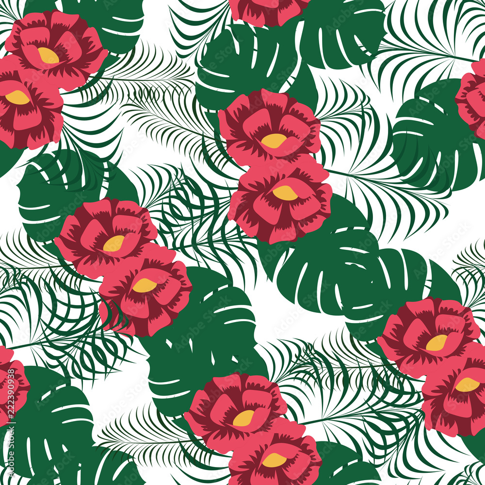 Fotobehang Tropische Bladeren Floral Flower Seamless Pattern Wallpaper Background Wrap Illustration #222390938