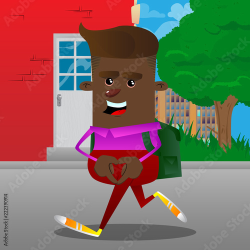 Schoolboy with heart shape hand gesture. Vector cartoon character illustration.