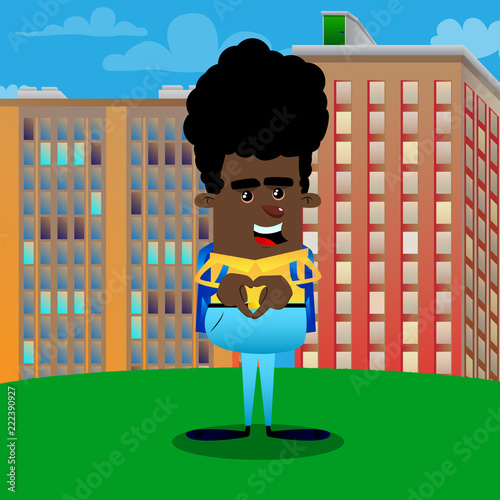 Schoolboy with heart shape hand gesture. Vector cartoon character illustration.