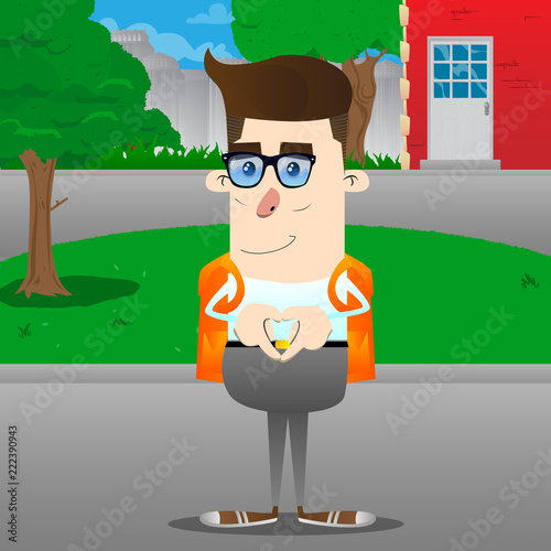 Schoolboy with heart shape hand gesture. Vector cartoon character illustration.