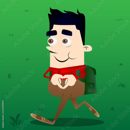Schoolboy with heart shape hand gesture. Vector cartoon character illustration.