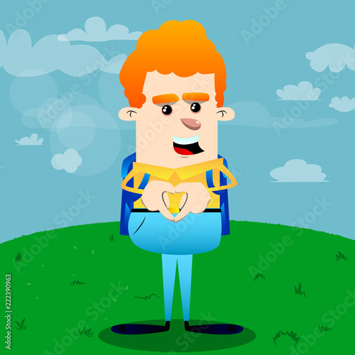 Schoolboy with heart shape hand gesture. Vector cartoon character illustration.