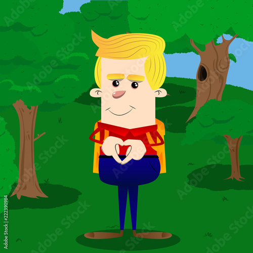 Schoolboy with heart shape hand gesture. Vector cartoon character illustration.