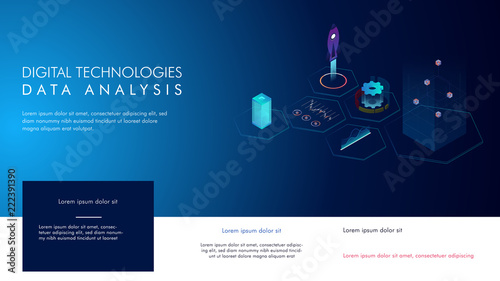 Digital Technologies. Data Analysis. Isometric digital concept of business data and analytics. Startup concept. Launch a new product on a market. Isometric vector illustration
