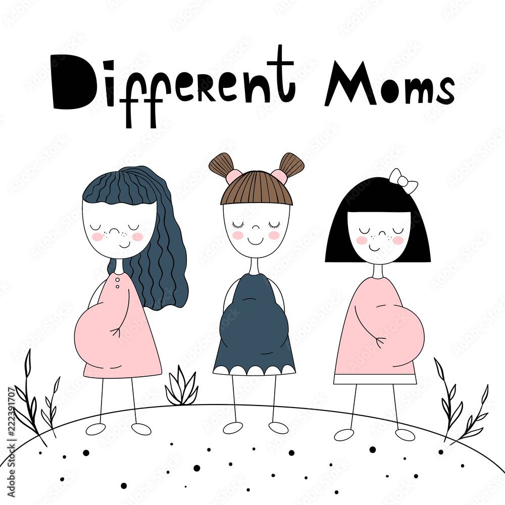 Different moms. Vector illustration. Pregnant girl. Cartoon style Different moms. Vector illustration. Pregnant girl. Cartoon style