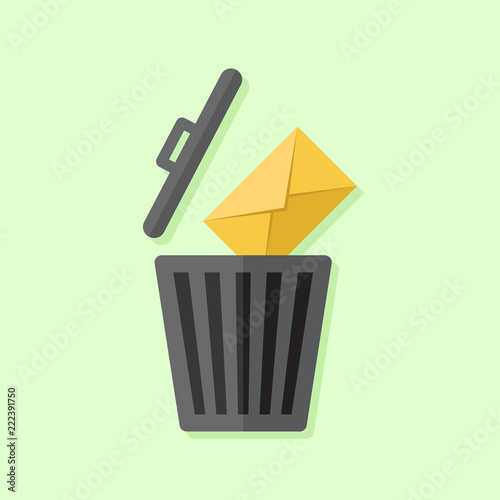 Delete email or message illustration flat, trash icon and email icon with green background, flat design vector illustration