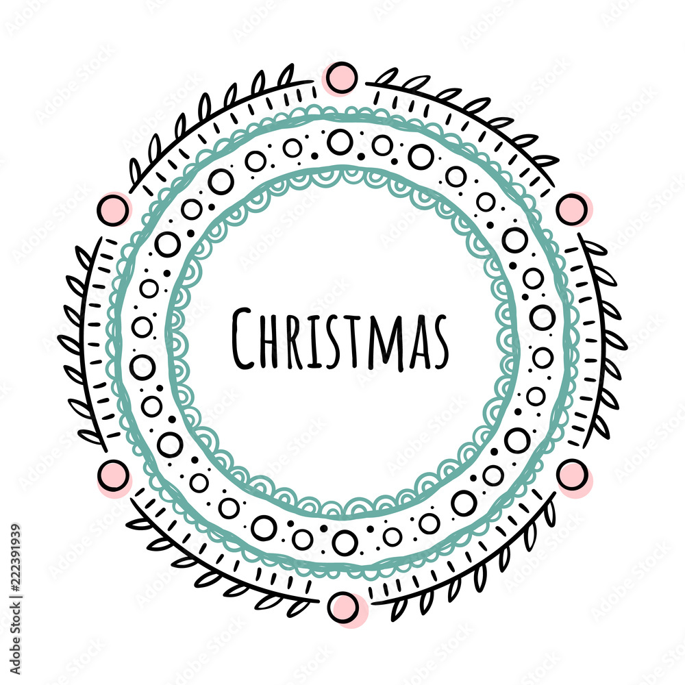 Christmas round frame in Doodle style. Vector illustration on white background