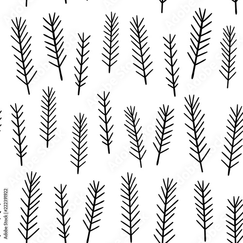 Vector seamless pattern of New year and Christmas. Doodle style background. Christmas tree branch