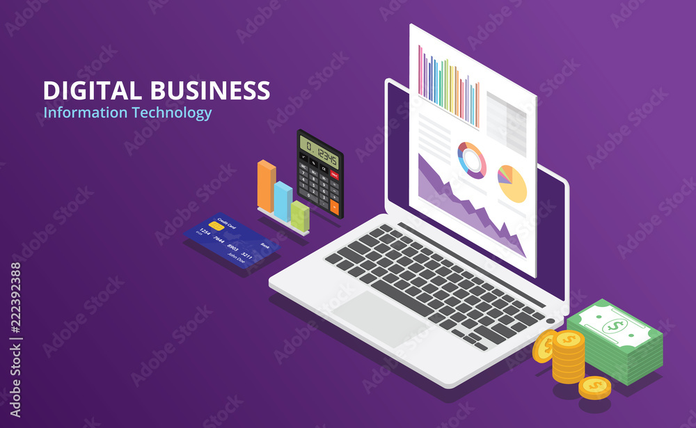 online digital business with isometric style and laptop and glow color and free space text online digital business with isometric style and laptop and glow color and free space text