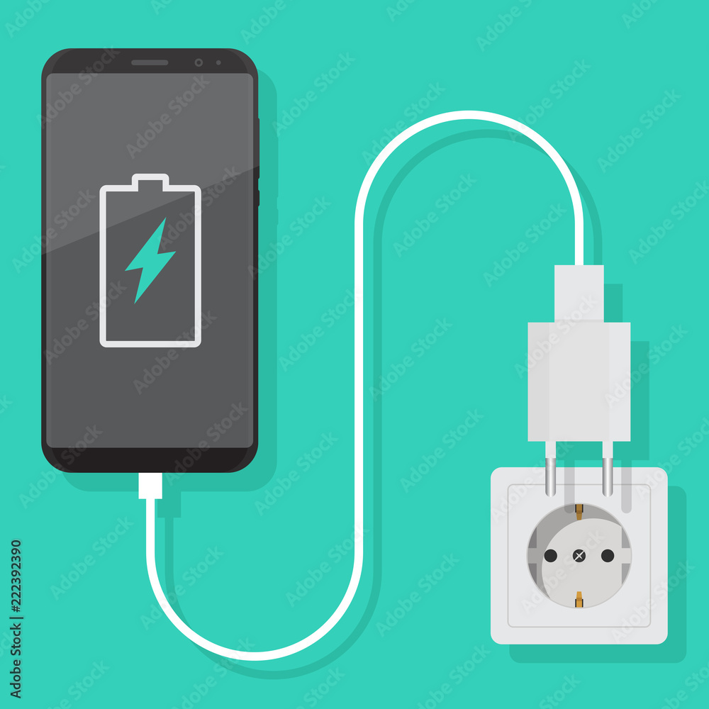 Smartphone charger adapter vector flat, smartphone, electric socket,  adapter, battery charging notification, flat design vector illustration  Stock ベクター | Adobe Stock