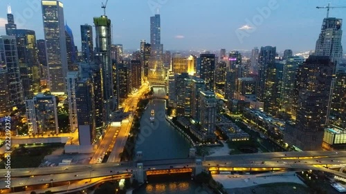 Aerial Chicago River Dusk