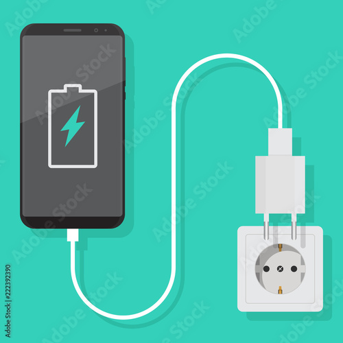 Smartphone charger adapter vector flat, smartphone, electric socket, adapter, battery charging notification, flat design vector illustration photo