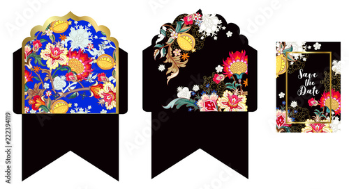 Wedding envelope and card with fantasy flowers
