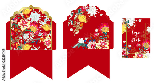 Wedding envelope and card with fantasy flowers
