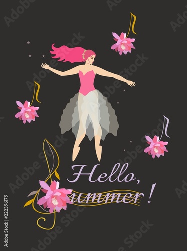 Hello, summer! Vertical card with yong ballerins, flowers in form of musical notes and letter "S" in shape of stylized floral treble clef isolated on black background in vector.