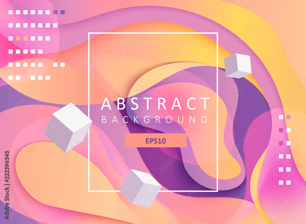Fototapeta premium Abstract geometric gradient background with wavy shapes, square frame and cubes. Colorful and digital backdrop for the advertise and marketing in dynamic, fluid forms. Vector illustration.