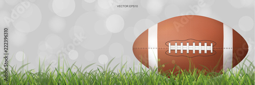 American football ball with background of green grass field and light blurred bokeh. Vector.