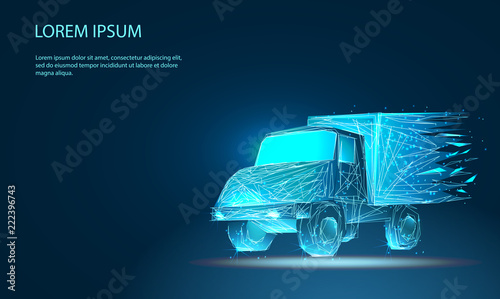 Truck . Abstract image of a starry sky or space, consisting of points, lines, and shapes in the form of planets, stars and the universe. Low poly vector
