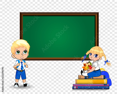 Cute cartoon school kids near clear blackboard with copy space clip art.