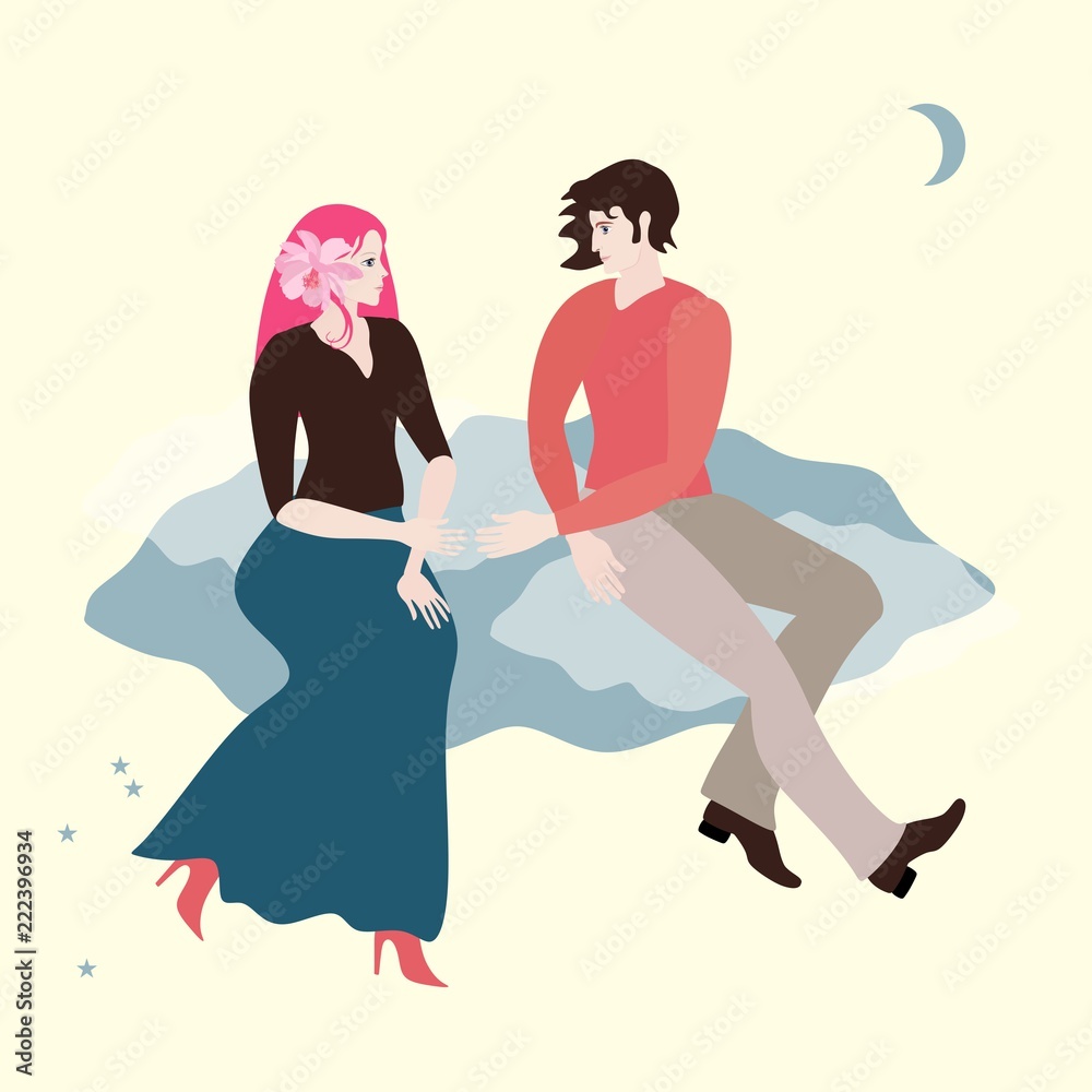 Walk in the sky. A young loving couple is flying on a cloud. The magic of love. Romantic card in vector.