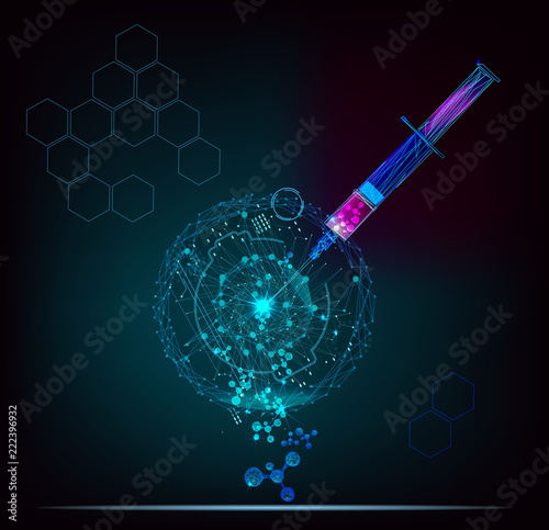 Realistic syringe. Concept of medical health care technology, graphic of realistic syringe with abstract vaccine inside. Concept in Low poly style. Vector illustration.