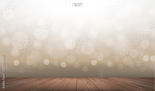 Wooden deck or terrace with light blurred bokeh background used for montage or display products. Vector.