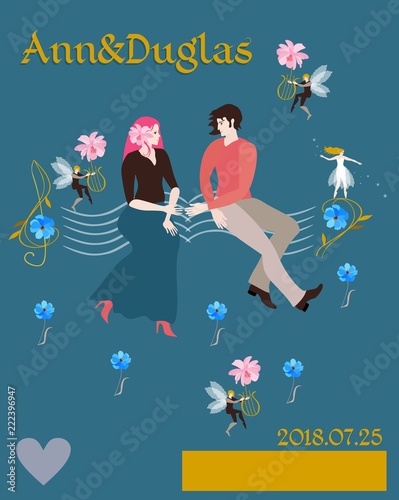 Music of love. The bride and groom sit on a bench in the form of musical rulers, look at each other and stretch out each other's hands. Winged elves dance with gold lyres from which flowers grow.