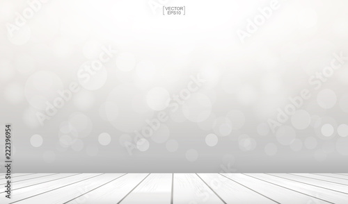 Wooden deck or terrace with light blurred bokeh background used for montage or display product. Vector.