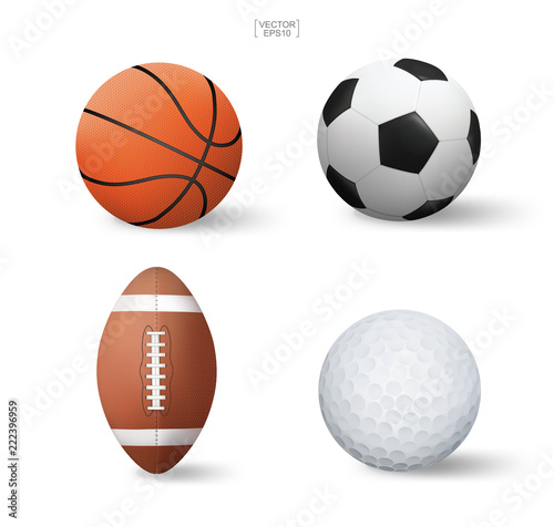 Realistic sports ball set. Basketball, Soccer football, American football and golf. Vector.