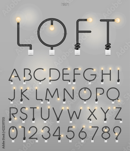 Set of alphabet letters and numbers. Abstract alphabet of light bulb and light switch on concrete wall background. Vector.