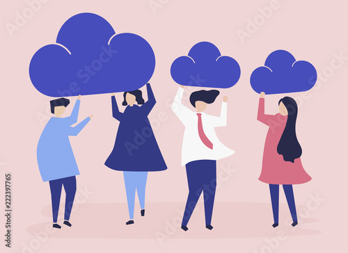 Characters of business people holding cloud icons illustration