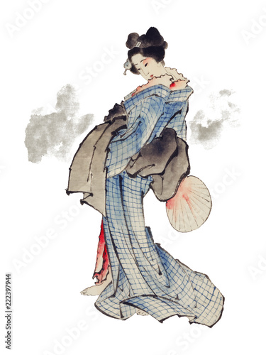 Traditional Japanese Ukyio-e style illustration of a Japanese woman in kimono by Katsushika Hokusai (1760-1849). Original from Library of Congress. Digitally enhanced by rawpixel.