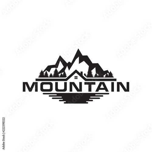 Illustration of mountain, trees, house and field logo design