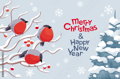 Vector bullfinches and rowan Christmas and New Year image