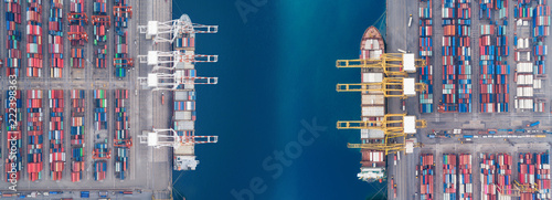Aerial view panoramic sea port warehouse and container ship or crane ship working for delivery containers shipment. Suitable use for transport or import export to global logistics concept. photo