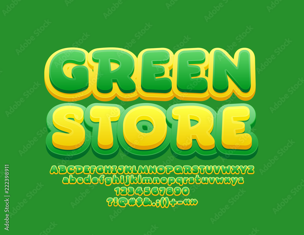 Vector Funny Design Logo Green Store. 3D Bright Font for Children Vector Funny Design Logo Green Store. 3D Bright Font for Children