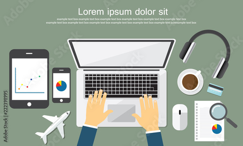 Work desktop top view, office desk table, copy space flat Vector Illustration.