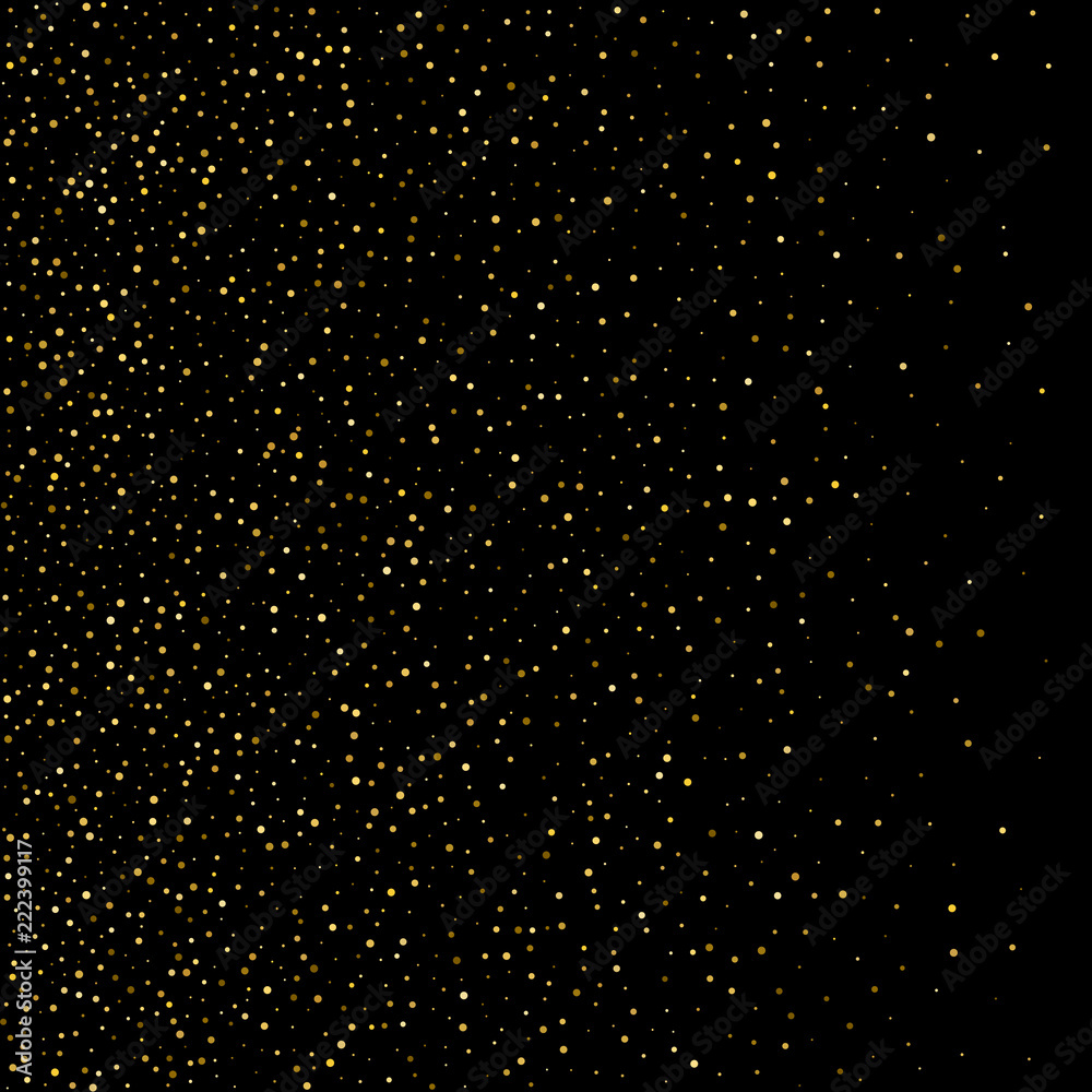 Gold confetti circle decoration for christmas or birthday card background, holiday vector illustration. Gold color round confetti dots, circles chaotic scatter on black, trendy rich bokeh background.