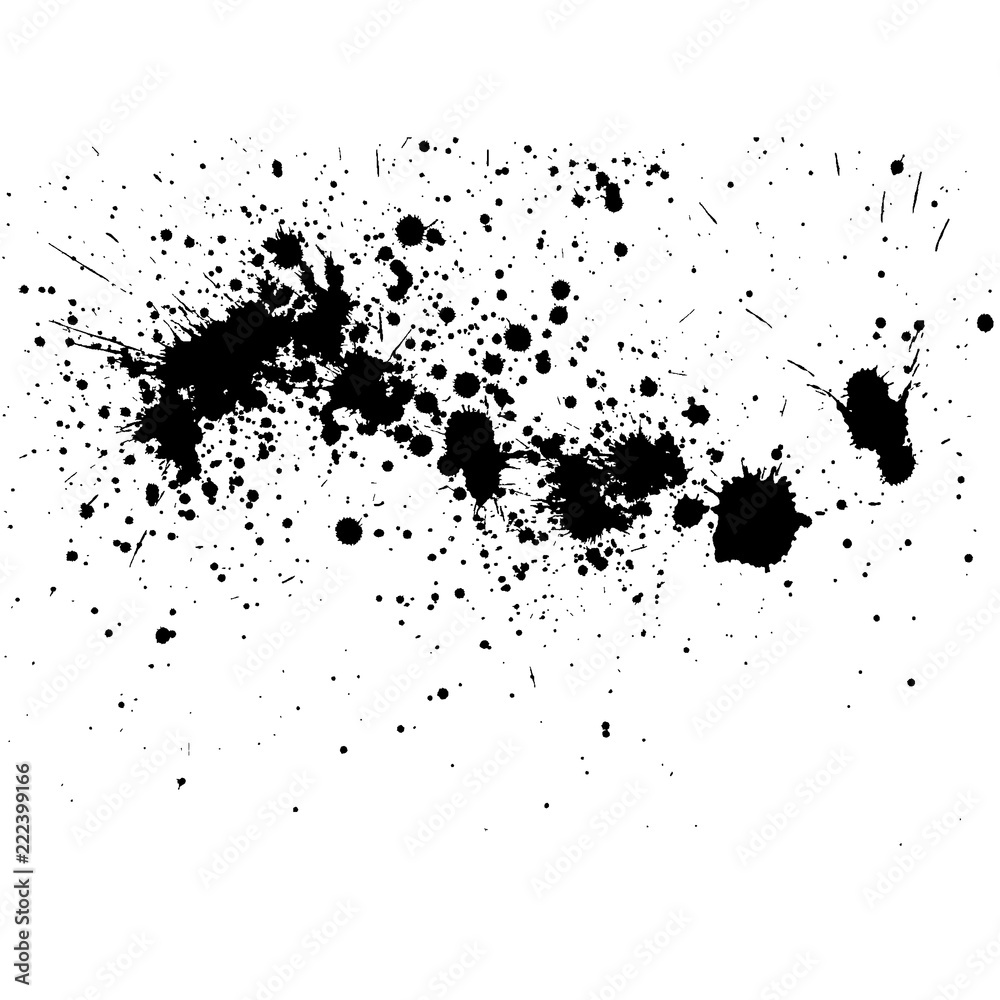 Black ink splatter background, isolated on white. All elements are not grouped. Vector illustration.