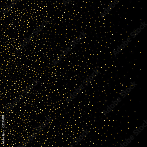 Gold confetti circle decoration for christmas or birthday card background, holiday vector illustration. Gold color round confetti dots, circles chaotic scatter on black, trendy rich bokeh background.
