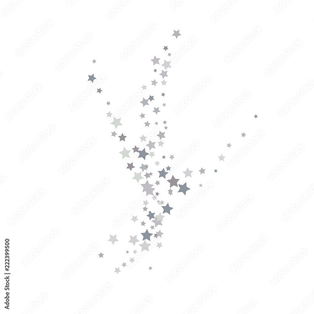 Silver star of confetti. Falling stars on a white background. Illustration of flying shiny stars. Decorative element. Suitable for your design, cards, invitations, gift, vip.