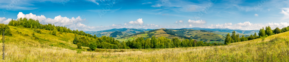 autumnal panorama of mountainous countryside. grassy meadow on a slope. rural fields on the  hill in the distance