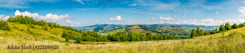 autumnal panorama of mountainous countryside. grassy meadow on a slope. rural fields on the hill in the distance