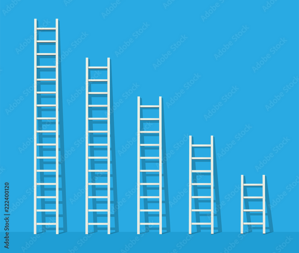 Big and small white step ladder near the wall. Vector illustration set.